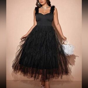 Black Tulle Midi Dress with Feather-Strap Detail